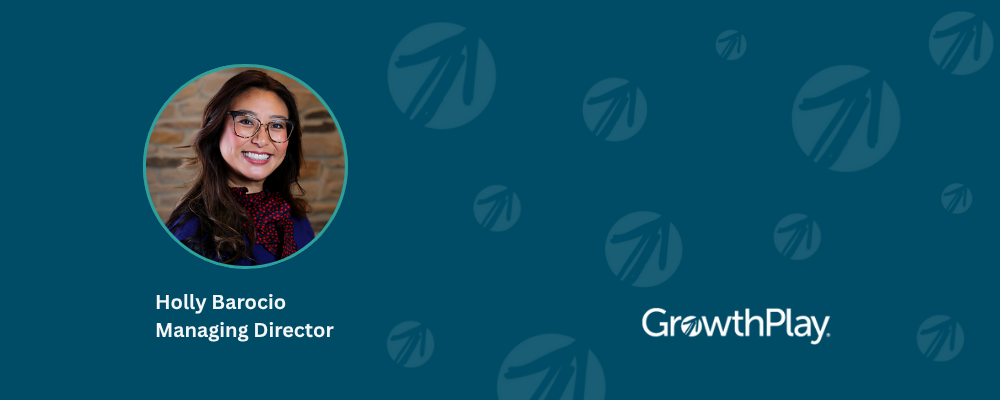 Blue background with circle arrows, headshot of Holly Barocio Managing Director and GrowthPlay logo